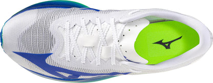 White running shoe with blue and green accents on a white background