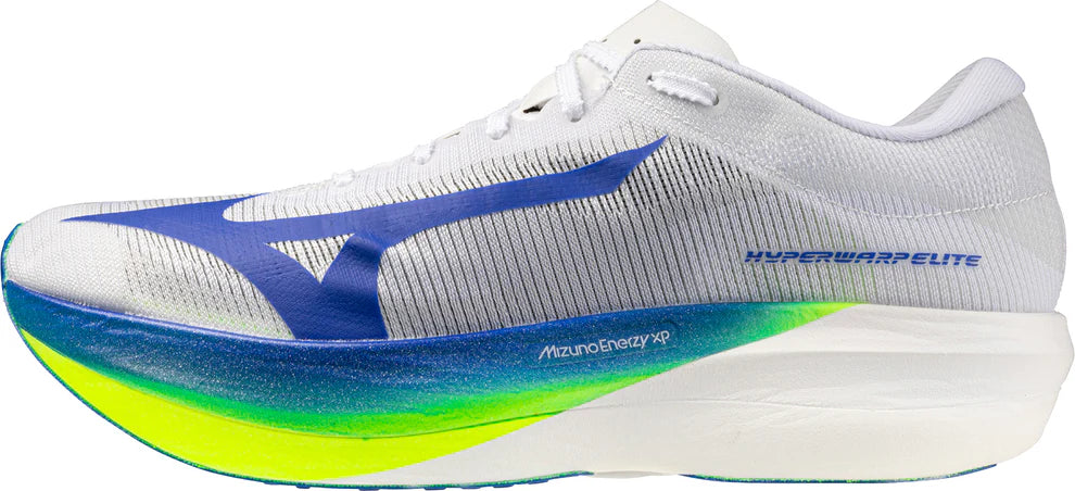 White running shoe with blue and green accents on a white background