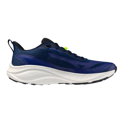 Blue running shoe with white sole on a white background