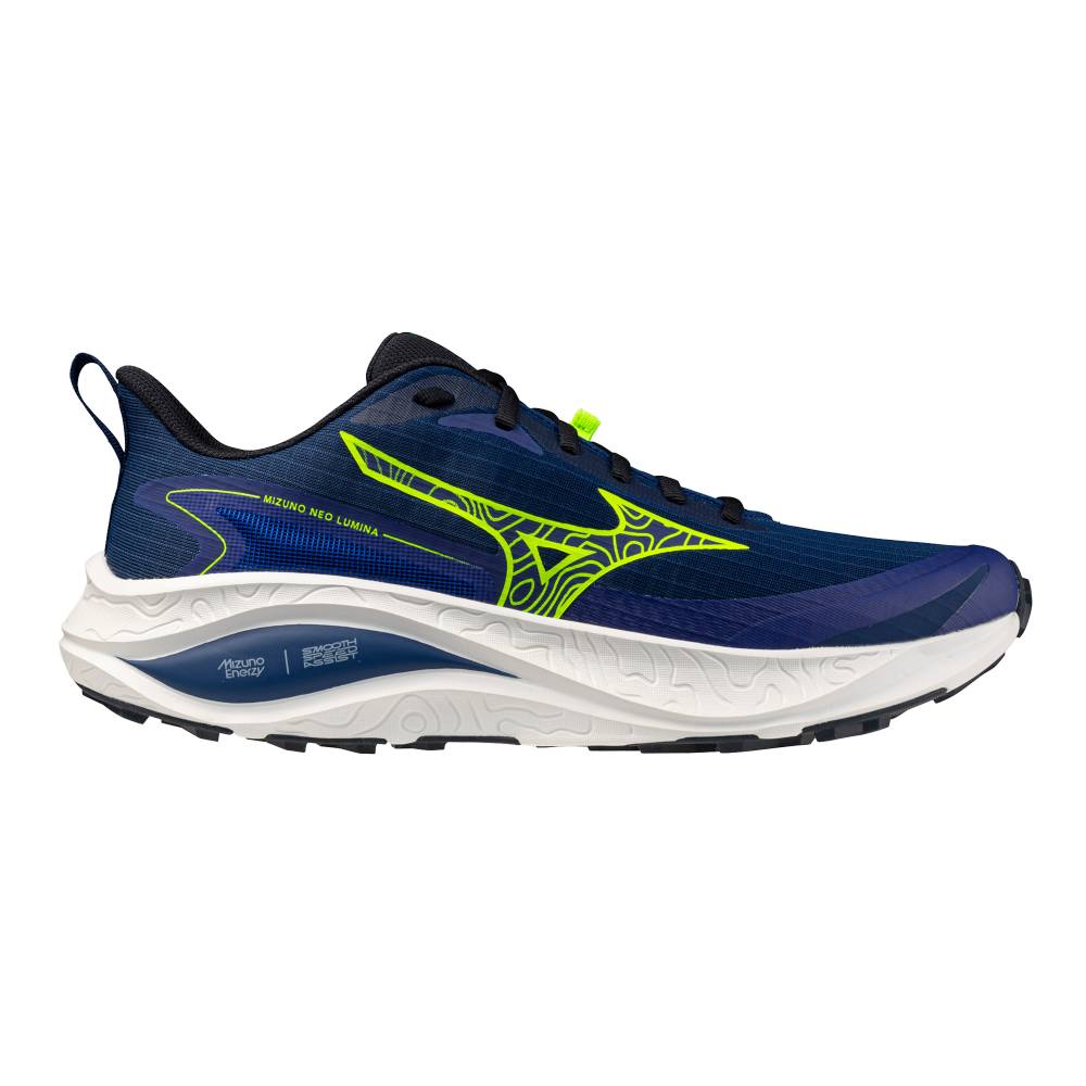 Blue running shoe with green accents on a white background