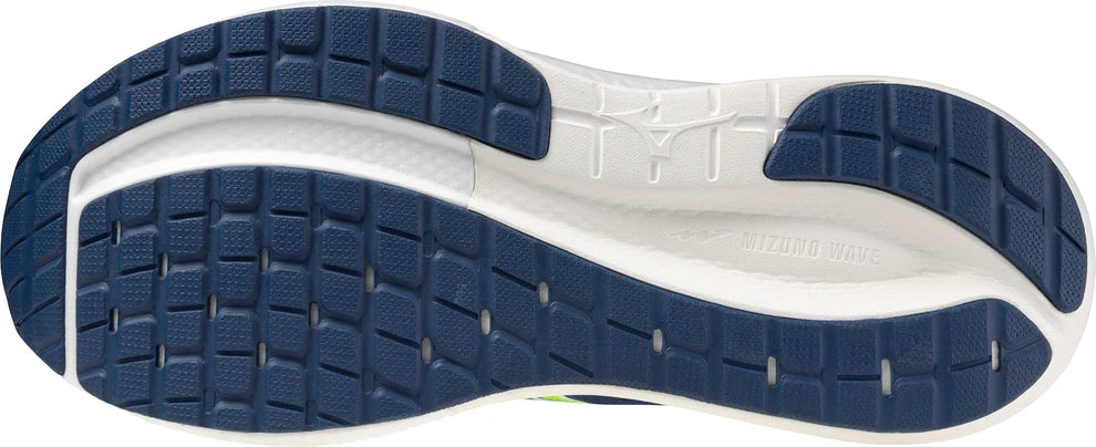 Close-up of a shoe sole with blue and white design on a white background