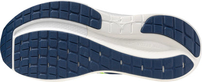 Close-up of a shoe sole with blue and white design on a white background