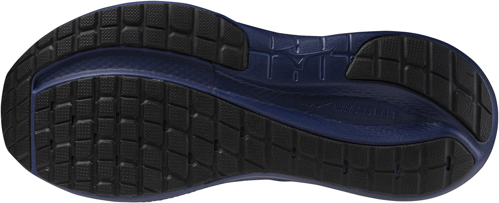 Close-up of a blue and black Mizuno Wave Inspire 22 men's shoe sole with textured pattern