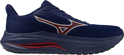 Mizuno Wave Inspire 22 men's Navy running shoe with a red sole on a white background