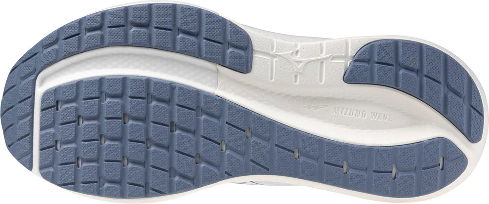 Close-up of a running shoe sole with blue and white design