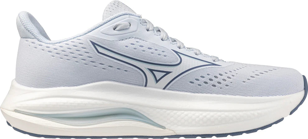 White running shoe with blue accents on a white background