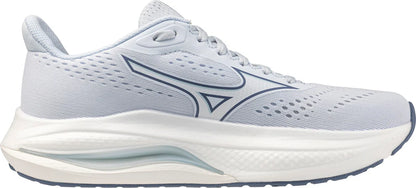 White running shoe with blue accents on a white background