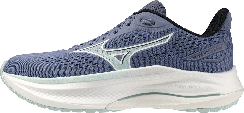 Mizuno Wave Inspire 22 women's Blue running shoe with white sole on a light gray background