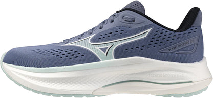 Mizuno Wave Inspire 22 women's Blue running shoe with white sole on a light gray background