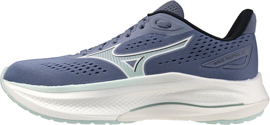 Mizuno Wave Inspire 22 women's Blue running shoe with white sole on a light gray background