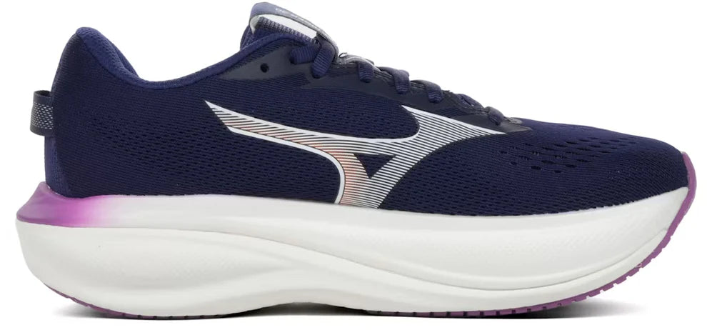 Navy Mizuno Wave Rider 30 women's running shoe with white sole on a white background