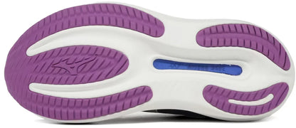 Close-up of a Mizuno Wave Rider 30 women's shoe sole with purple and white design