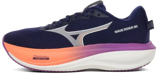 Navy Mizuno Wave Rider 30 women's running shoe with orange and purple sole on a white background
