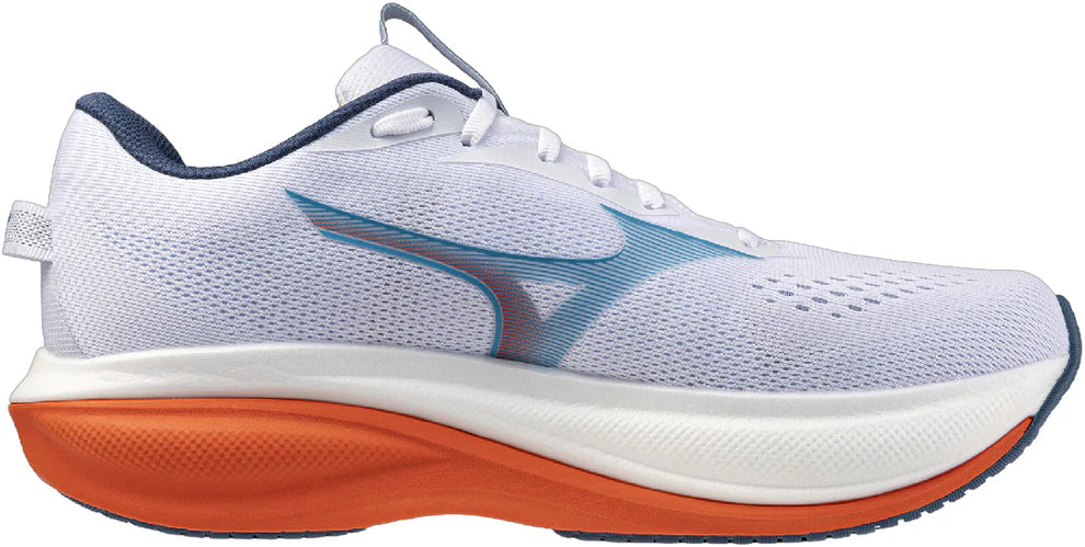 White Mizuno Wave Rider 30 men's running shoe with blue accents and orange sole on a white background