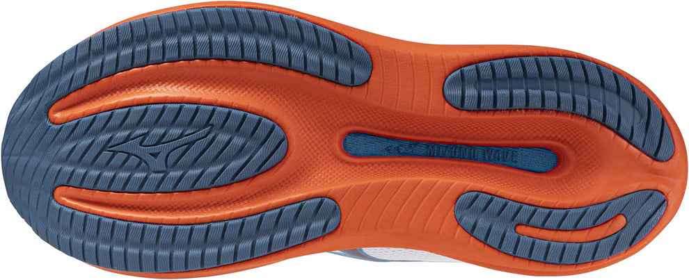 Close-up of a Mizuno Wave Rider 30 men's shoe sole with orange and blue tread pattern