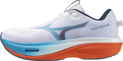 White Mizuno Wave Rider 30 men's running shoe with blue and orange accents on a white background