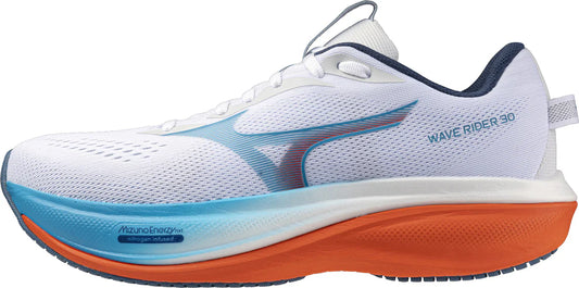 White Mizuno Wave Rider 30 men's running shoe with blue and orange accents on a white background
