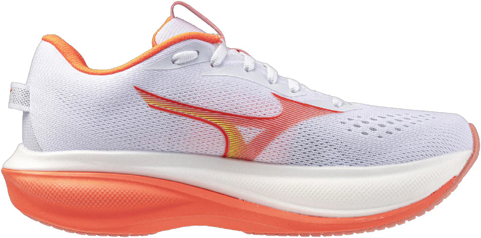 Mizuno Wave Rider 30 women's White running shoe with orange sole on a white background