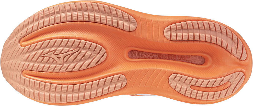 Close-up of an orange Mizuno Wave Rider 30 women's shoe sole with textured design