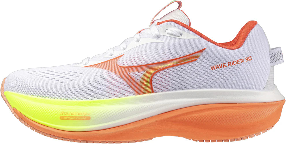 Mizuno Wave Rider 30 women's White and orange running shoe with yellow sole on a white background