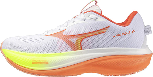 Mizuno Wave Rider 30 women's White and orange running shoe with yellow sole on a white background