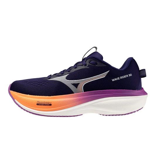 Mizuno Women's Wave Rider 30 Navy and orange running shoe with a visible brand logo on a white background