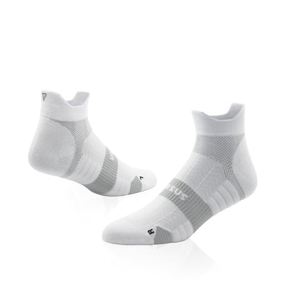 Pair of white ankle socks with gray accents on a white background