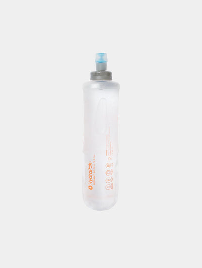 Clear water bottle with a blue cap on a white background