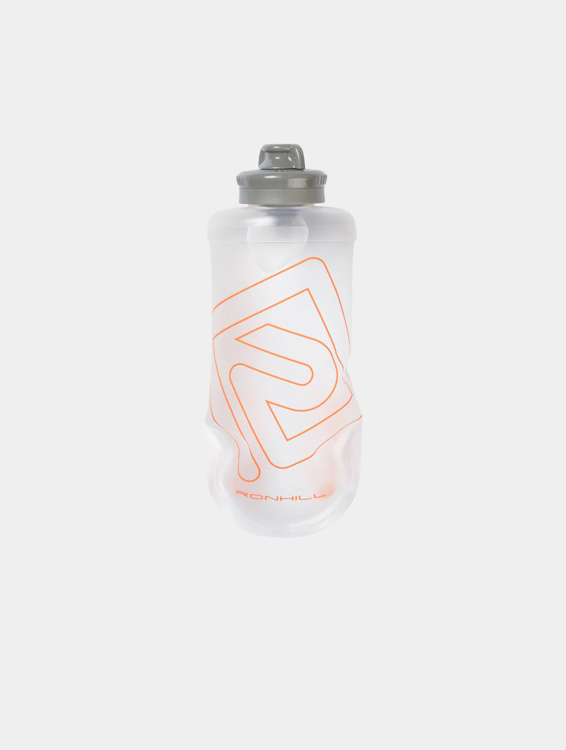 Clear water bottle with orange logo on a white background