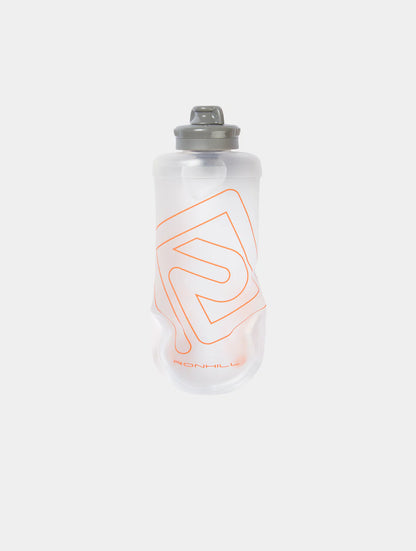 Clear water bottle with orange logo on a white background