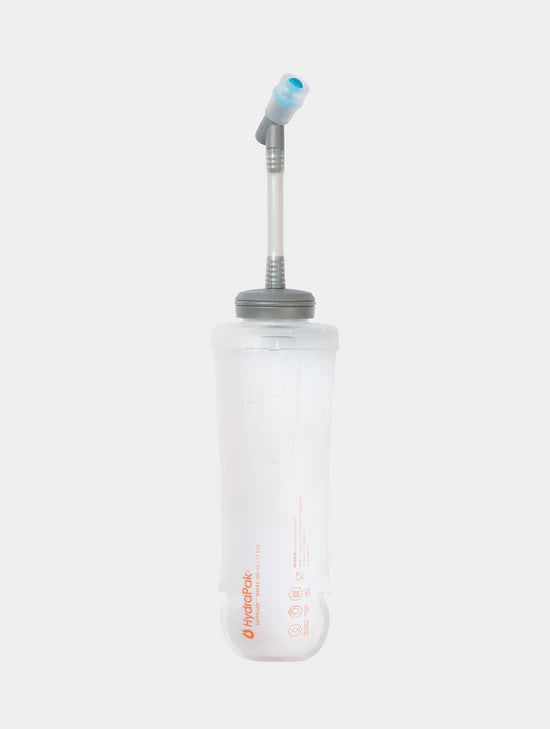 Clear hydration bottle with straw on a white background
