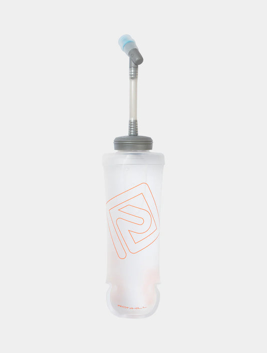 Clear hydration bottle with a logo on a white background