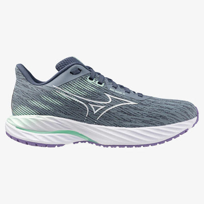 Mizuno Women's Wave Inspire 21 running shoes in gray with purple and green accents.