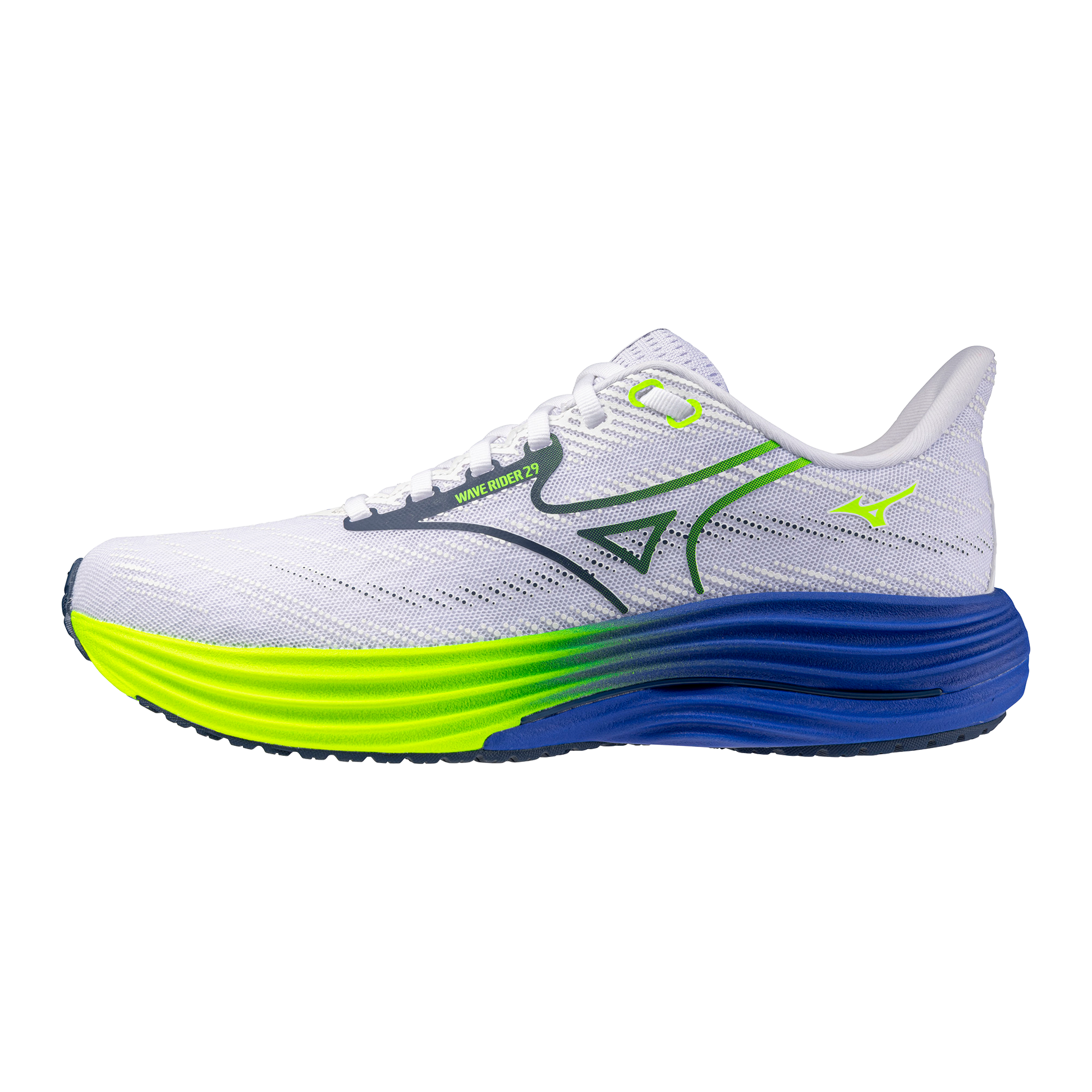 White running shoe with blue and green sole on a white background