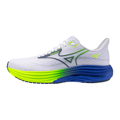White running shoe with blue and green sole on a white background