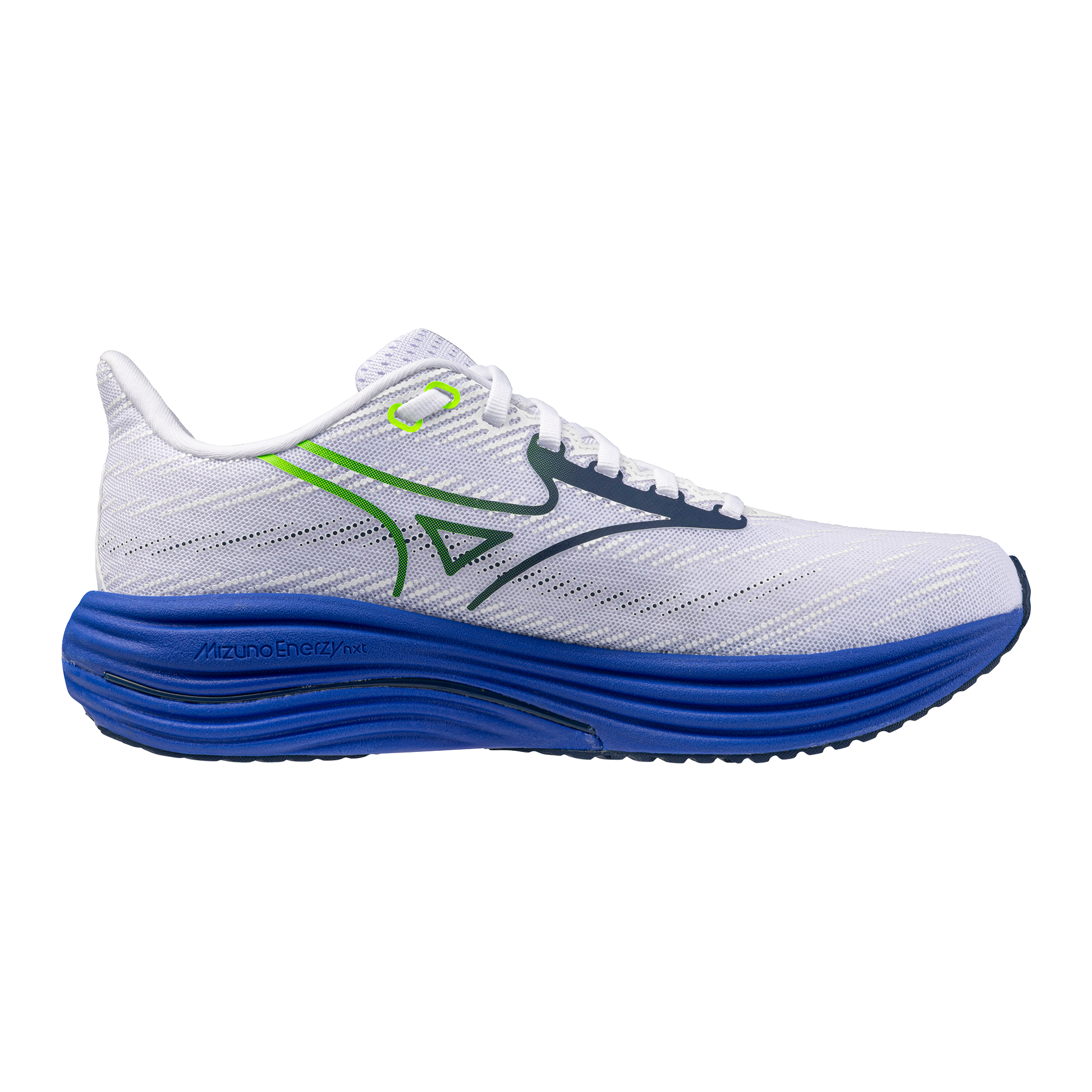 White running shoe with blue sole on a white background