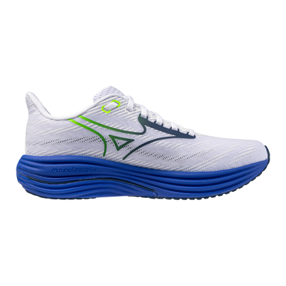 White running shoe with blue sole on a white background