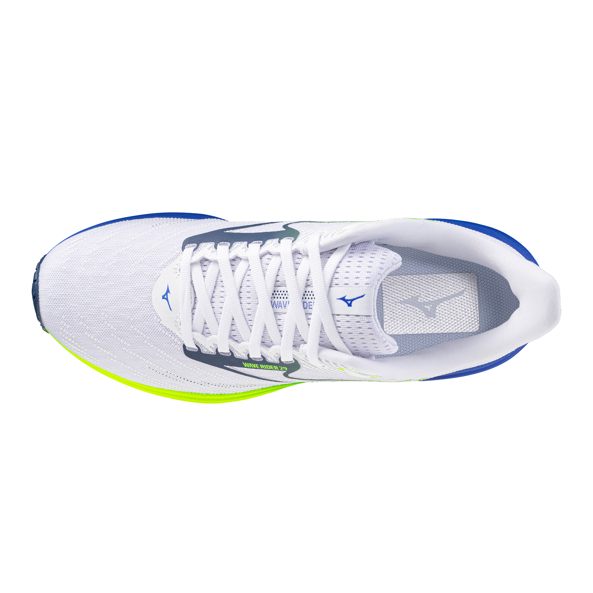 White running shoe with blue and green accents on a white background