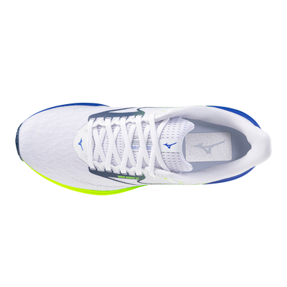 White running shoe with blue and green accents on a white background