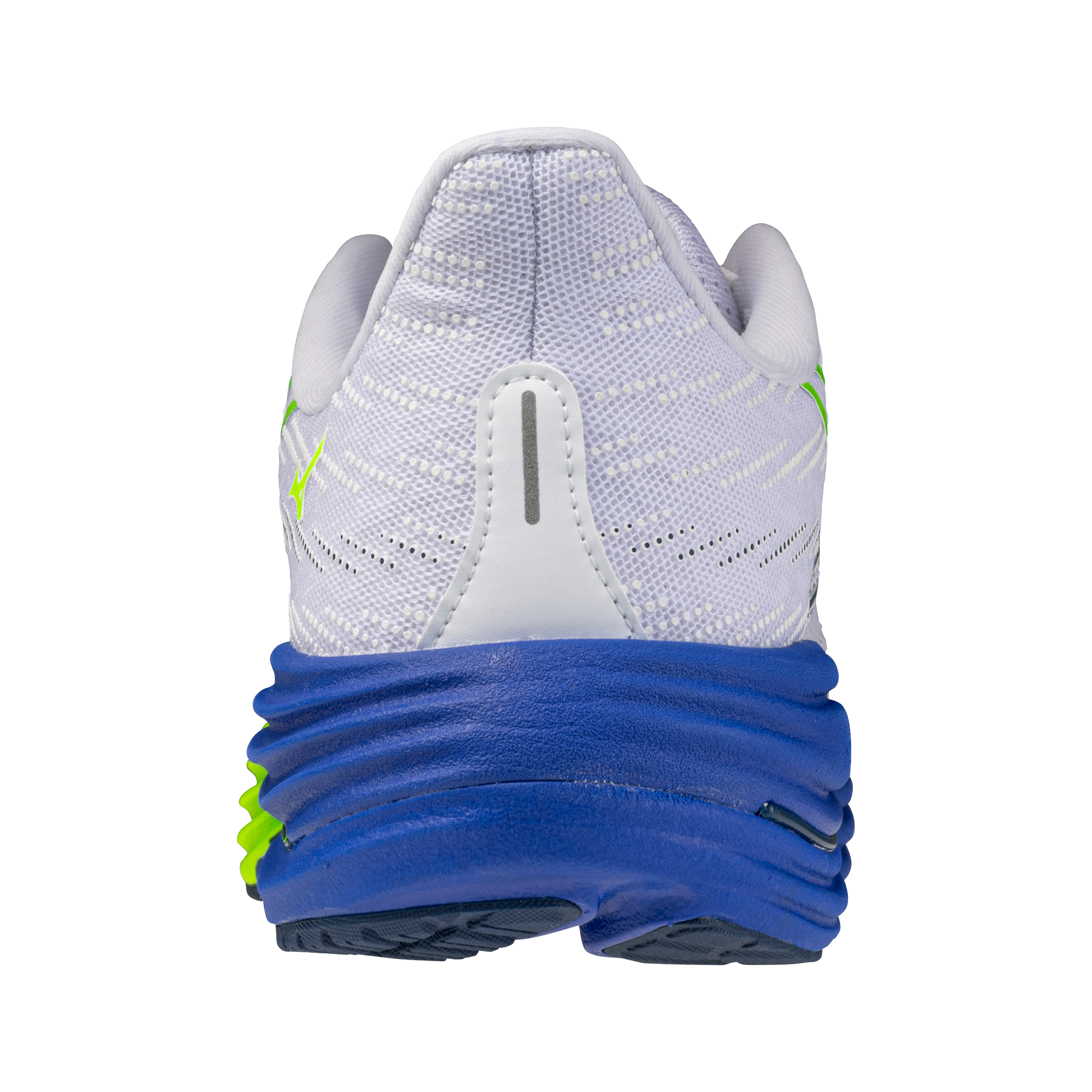 Back view of a running shoe with blue sole on a white background