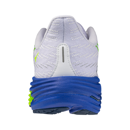 Back view of a running shoe with blue sole on a white background