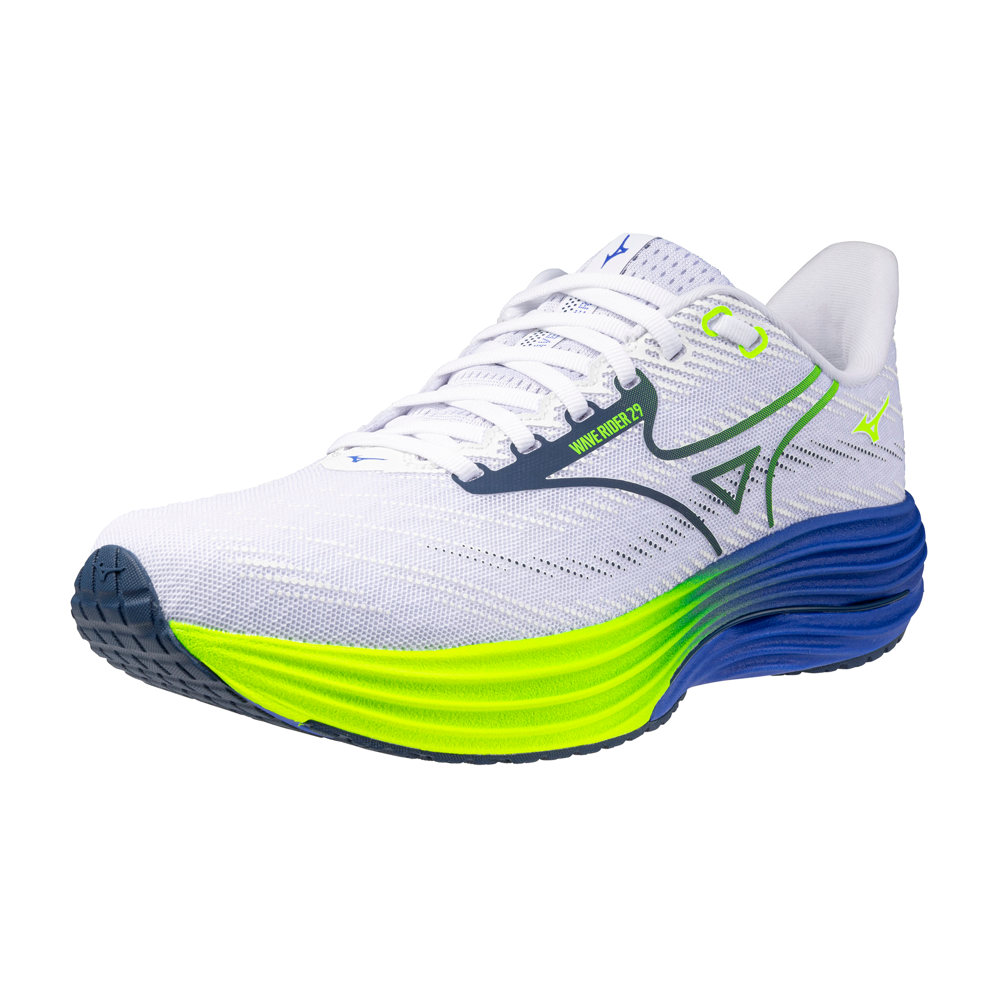 White running shoe with green sole on a white background