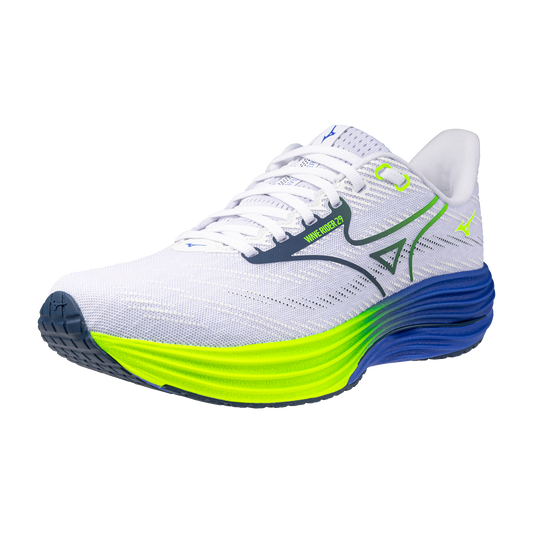 White running shoe with green sole on a white background