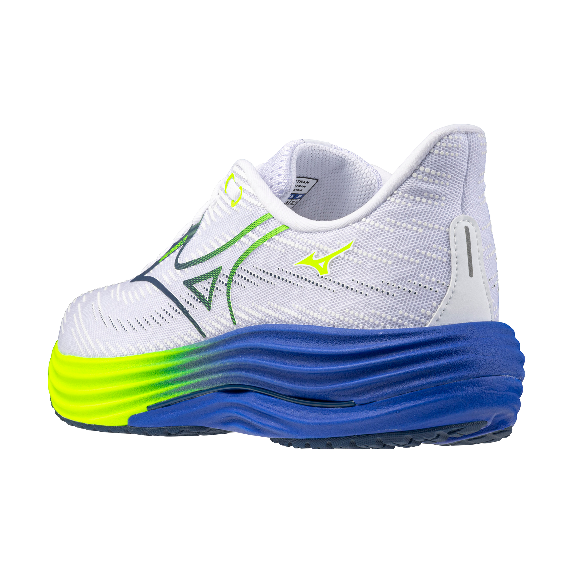 White running shoe with blue and green sole on a white background