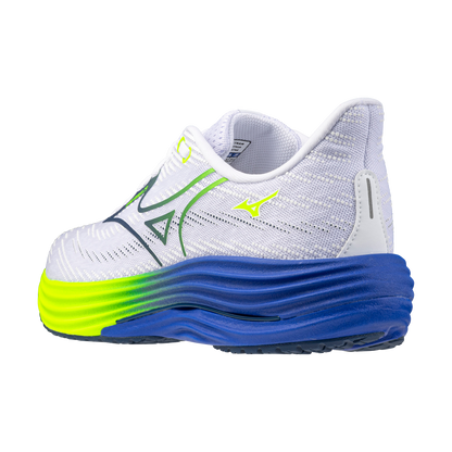 White running shoe with blue and green sole on a white background