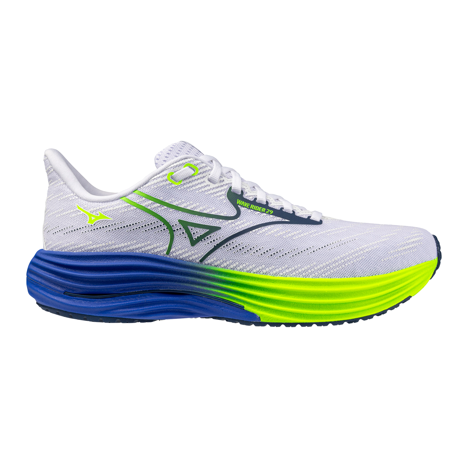 White running shoe with blue and green sole on a white background
