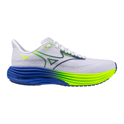 White running shoe with blue and green sole on a white background