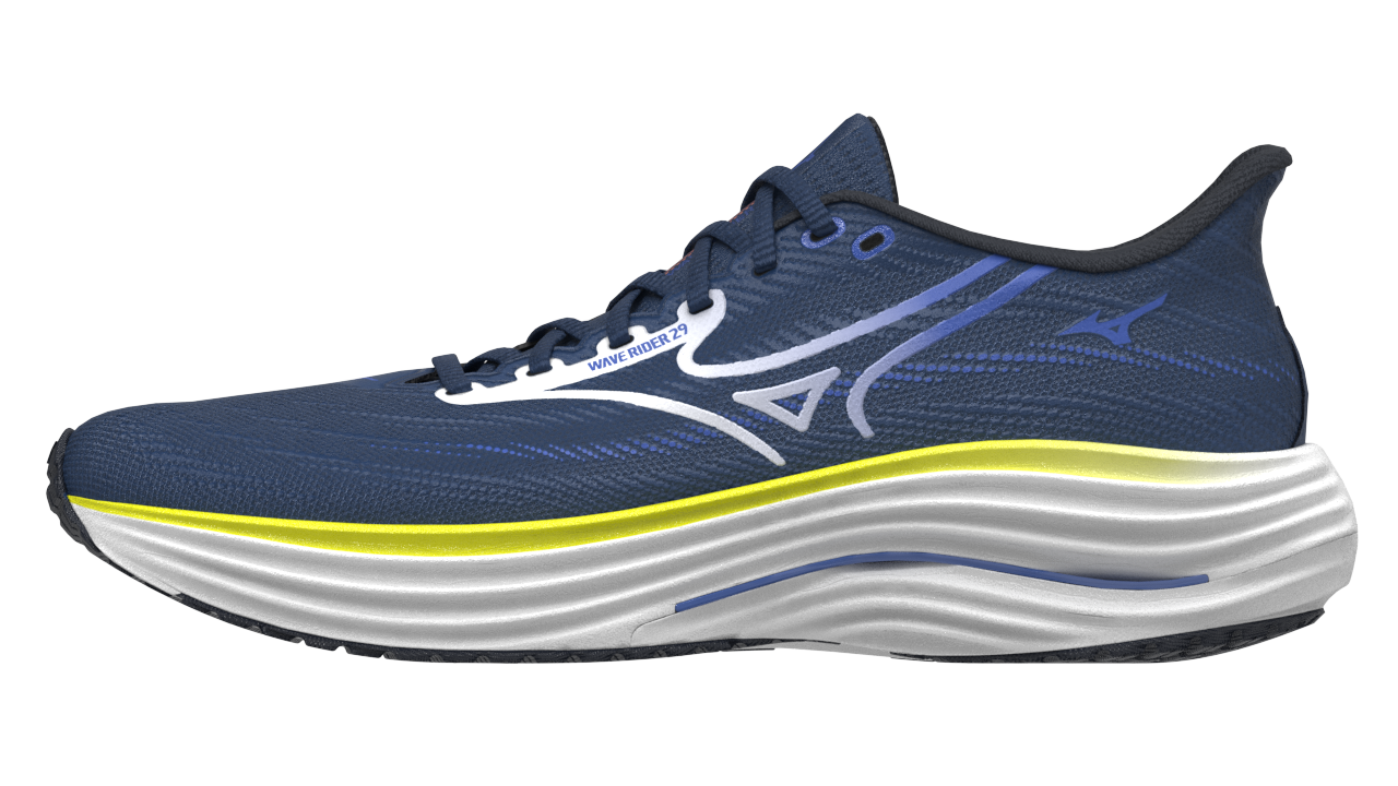 Blue running shoe with white sole on a white background