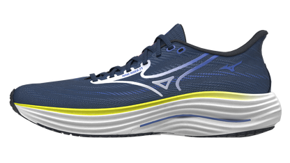 Blue running shoe with white sole on a white background