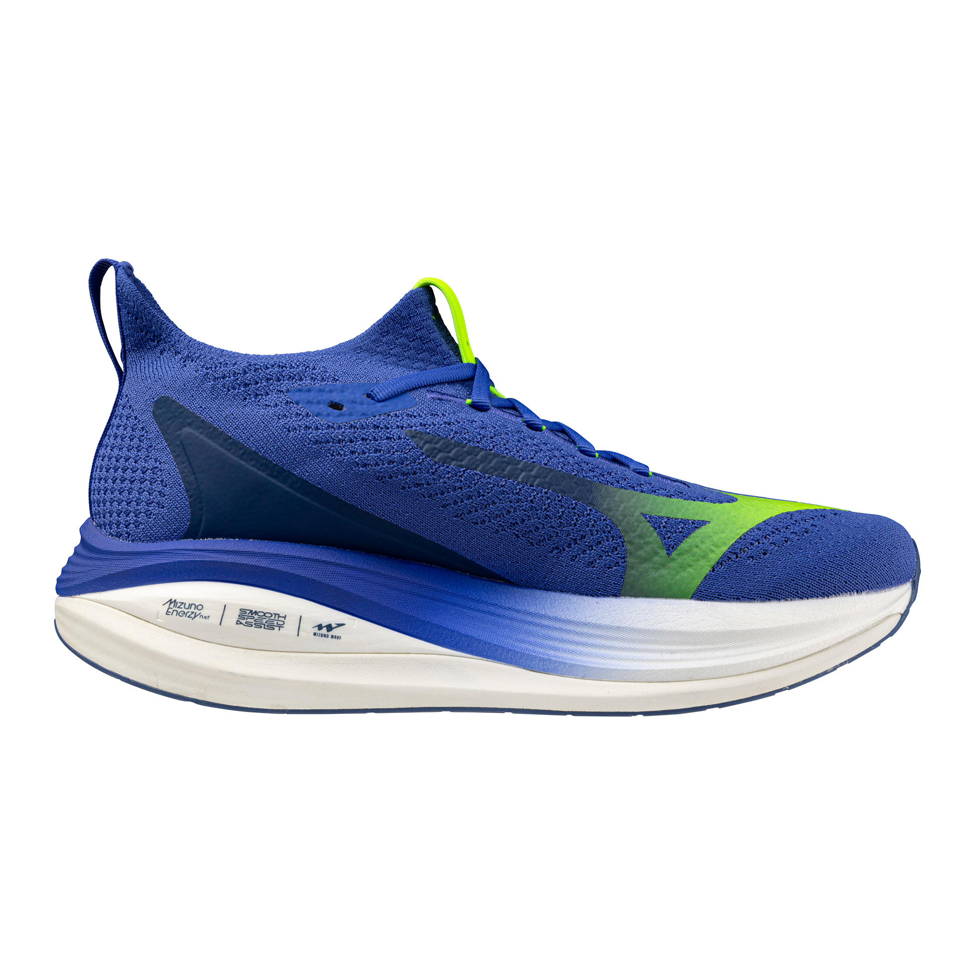Blue running shoe with green accents on a white background